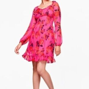 Betsey Johnson Smocked Hot Pink Floral Babydoll Mini Dress w/ Long Sleeves Sz 6